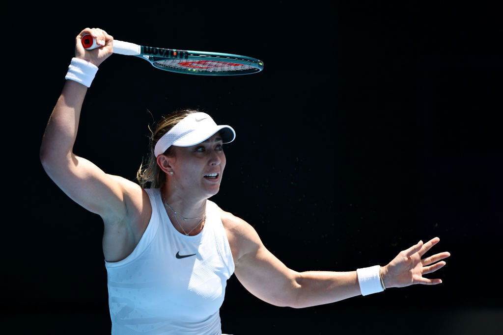 Paula Badosa compeltes a forehand at the Australian Open.