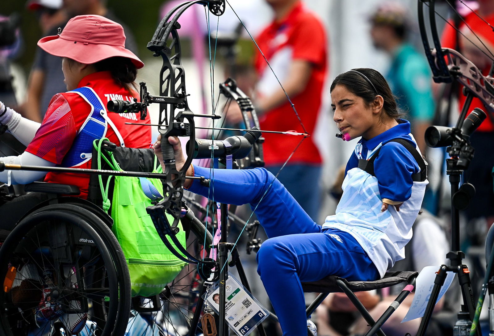 Sheetal Devi of India competes in the women's individual compound open archery  in Paris.