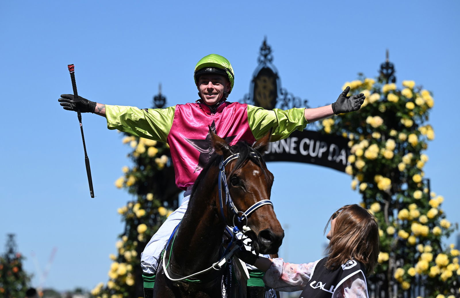 Jockey Robbie Dolan celebrates as he comes back to the mounting yard on Knight's Choice after the 2024 Melbourne Cup.