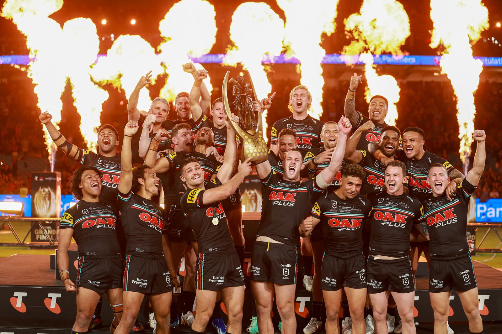 Penrith Panthers lift the grand final trophyy, 2023 NRL grand final