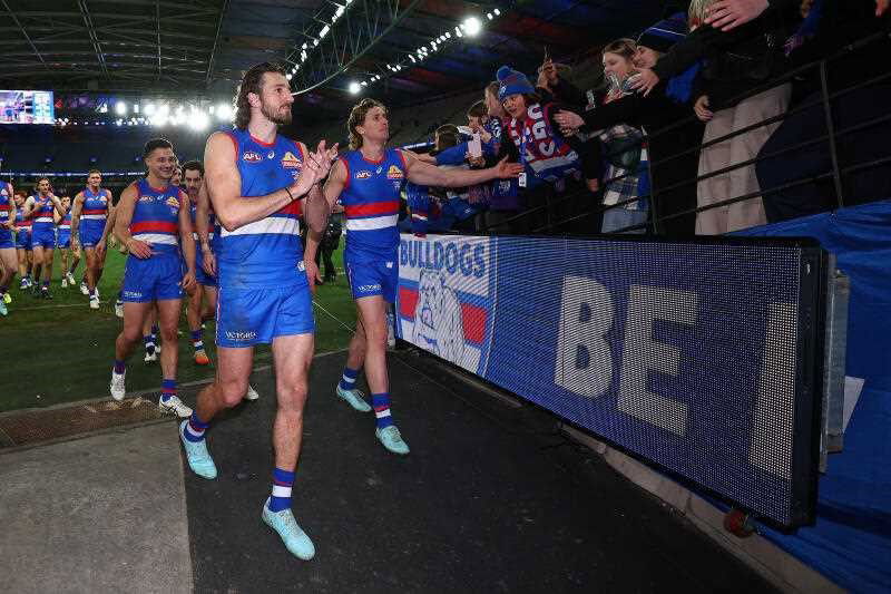Marcus Bontempelli of the Bulldogs celebrates victory during the AFL Round 21 match between the Western Bulldogs and the GWS Giants at Docklands in Melbourne, Thursday, July 31, 2025.