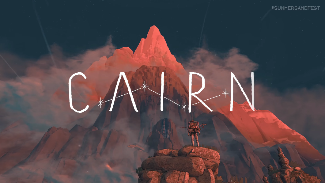 A title card for the game Cairn, showing text in front of a mountain