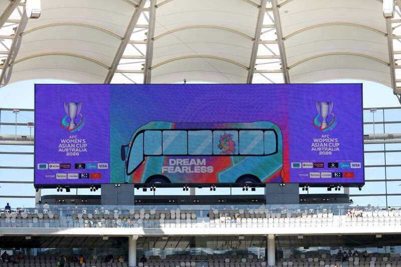 Uma visão geral do estádio durante a partida da Copa Asiática Feminina da AFC entre Matildas e Filipinas, no Optus Stadium em Perth, domingo, 1º de março de 2026.