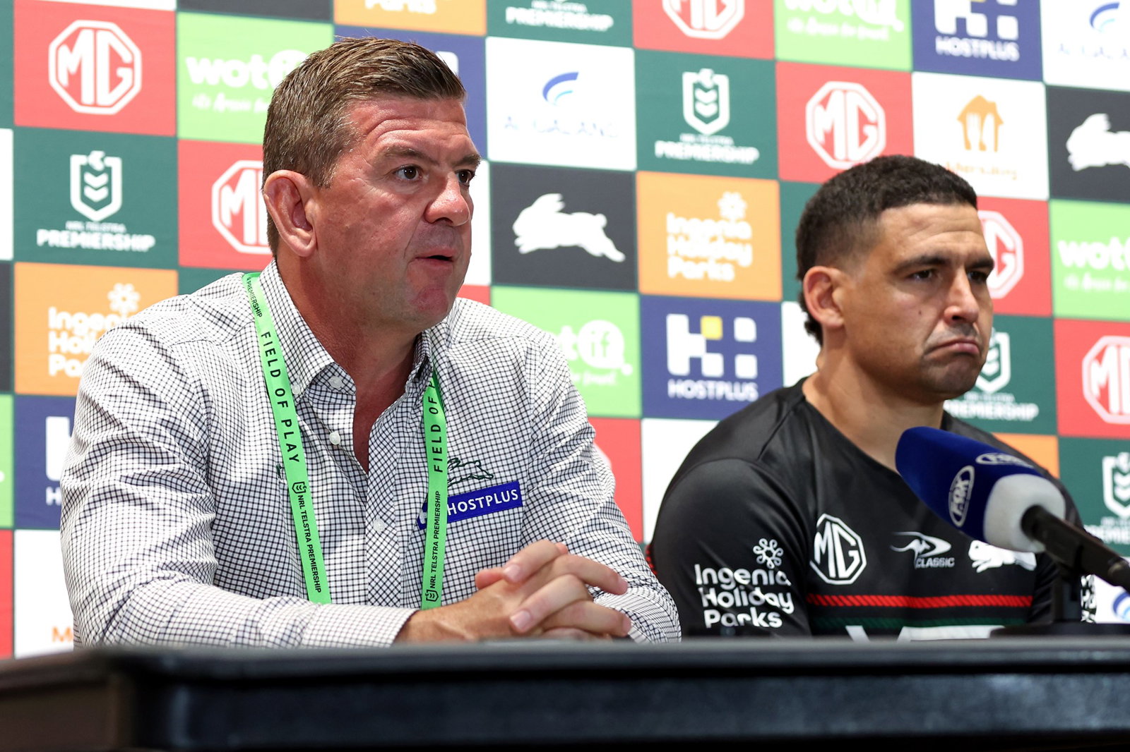 Jason Demetriou and Cody Walker speak at a press conference after a South Sydney Rabbitohs NRL game.