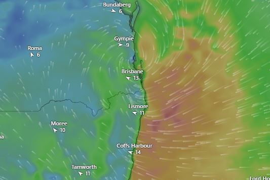 A map showing wind gusts around Brisbane