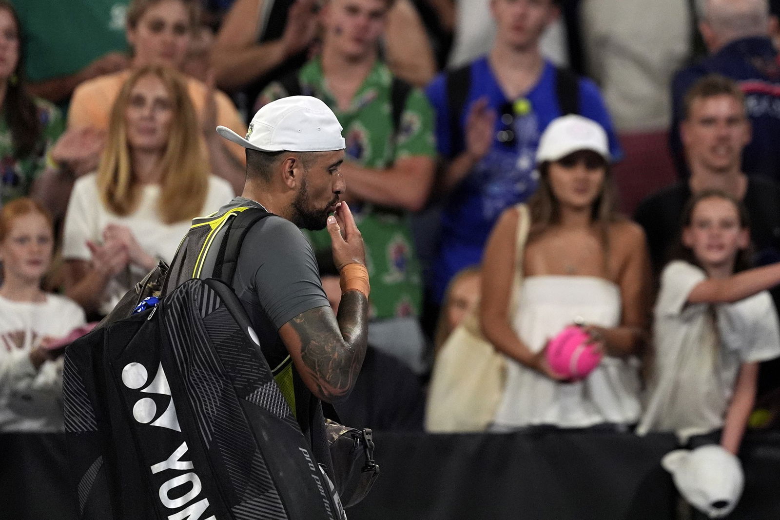 Nick Kyrgios blows a kiss to Australian Open fans.