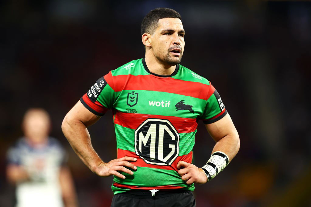 SOuth SYdney Rabbitohs player Cody Walker stands with his hands on his hips during an NRL game against North Queensland Cowboys.